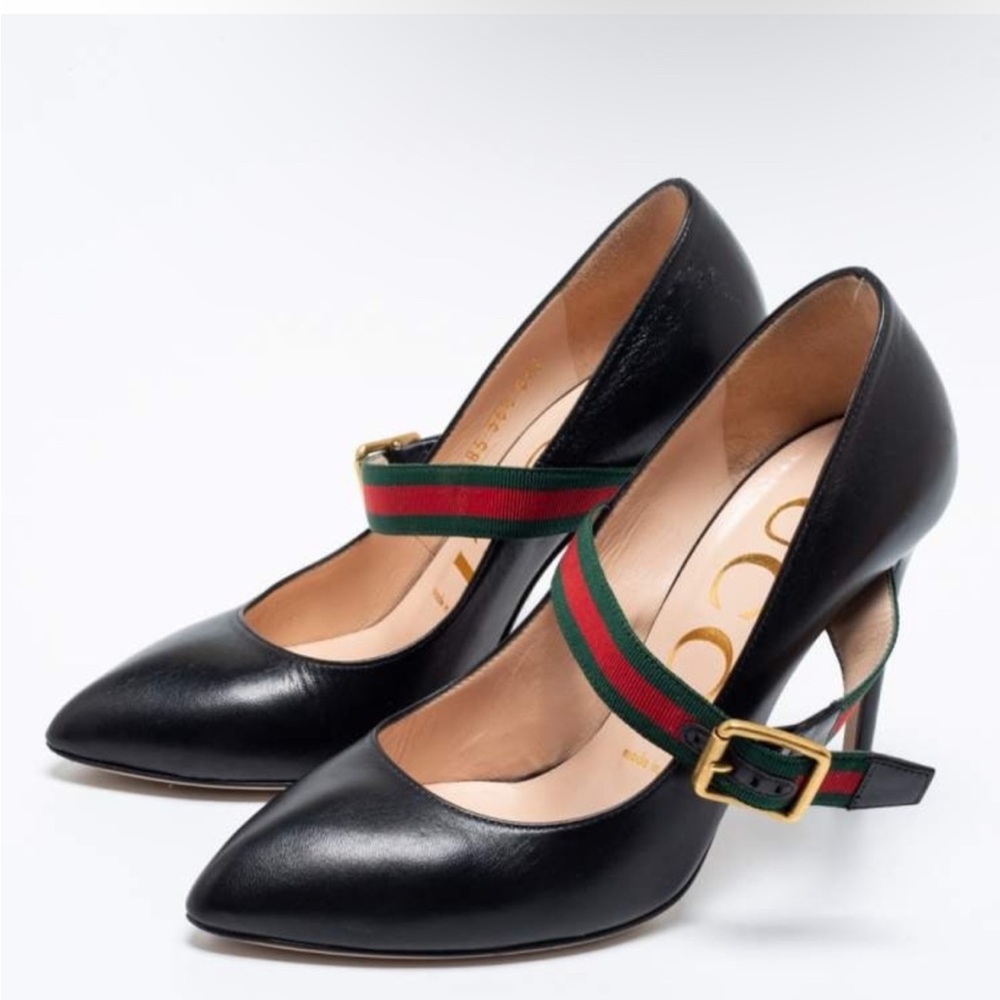 Gucci Black Leather Heels with Green and Red Straps